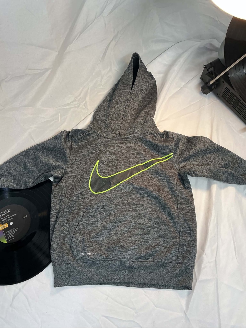 Nike Kids Heather Gray Hoodie with Neon Lime Swoosh